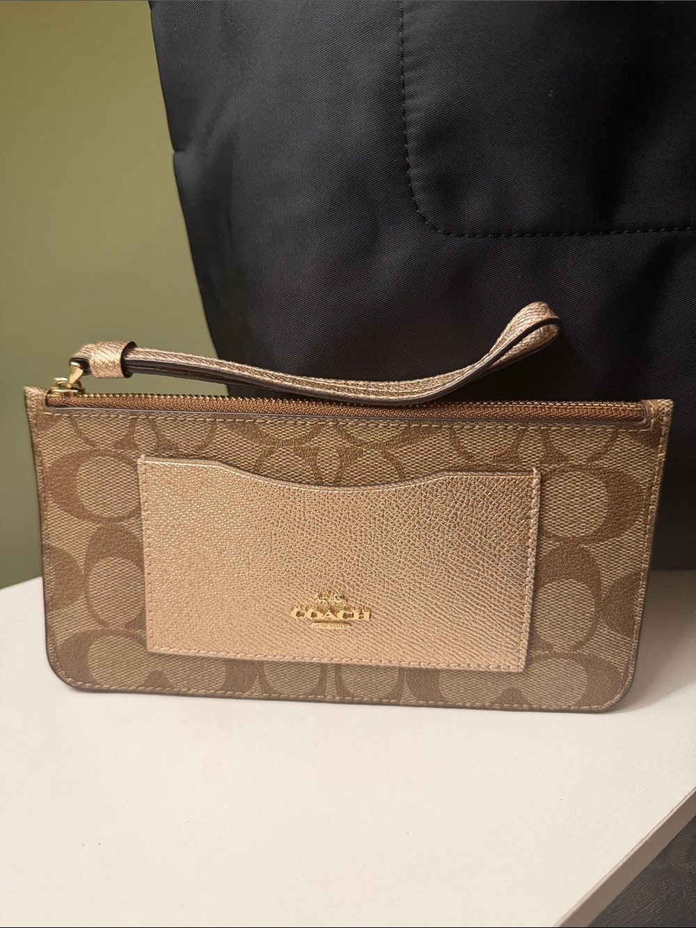 Coach Zip Top Wallet Wristlet in Khaki Signature with Rose Gold Accent NWOT